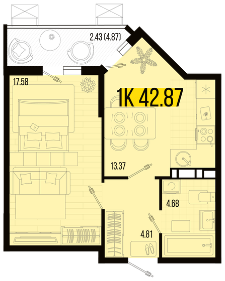 42,9 м², 1-комнатная квартира 4 244 130 ₽ - изображение 1
