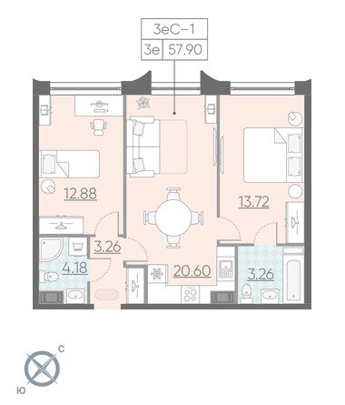 57,7 м², 2-комнатные апартаменты 17 145 000 ₽ - изображение 1