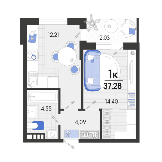 37,3 м², 1-комнатная квартира 6 076 640 ₽ - изображение 1