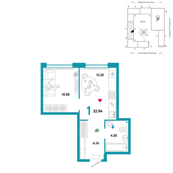 32,9 м², 1-комнатная квартира 6 280 000 ₽ - изображение 1