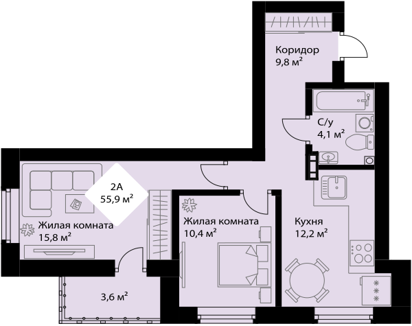 54,1 м², 2-комнатная квартира 8 115 000 ₽ - изображение 1