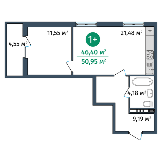 46,4 м², 1-комнатные апартаменты 5 974 000 ₽ - изображение 1