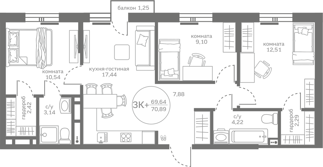 69,6 м², 3-комнатная квартира 7 000 000 ₽ - изображение 1