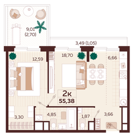 Квартира 55,4 м², 2-комнатная - изображение 1