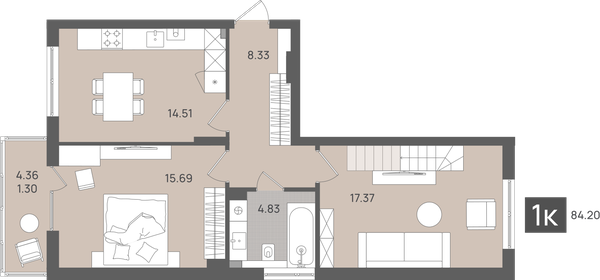 Квартира 84,2 м², 1-комнатная - изображение 1