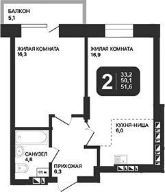 Квартира 51,6 м², 2-комнатная - изображение 2