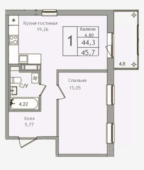 45,7 м², 1-комнатная квартира 4 380 000 ₽ - изображение 46