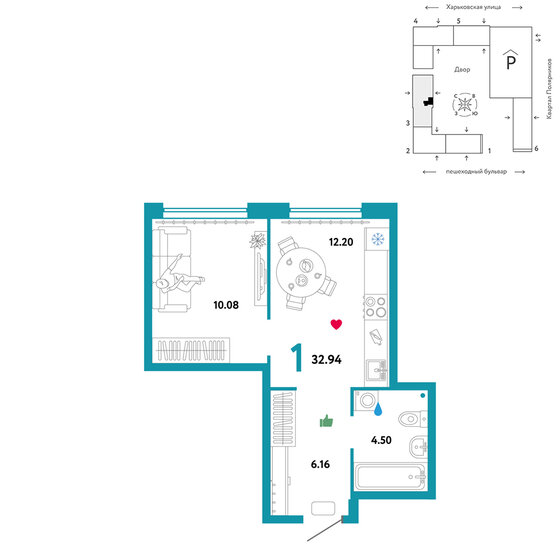 32,9 м², 1-комнатная квартира 6 280 000 ₽ - изображение 24