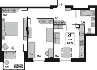 Квартира 55,5 м², 2-комнатная - изображение 1