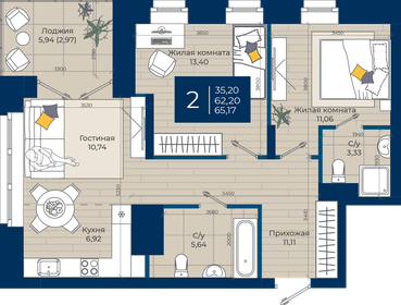 Квартира 65,2 м², 2-комнатная - изображение 1