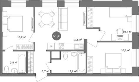 Квартира 61,8 м², 3-комнатная - изображение 1