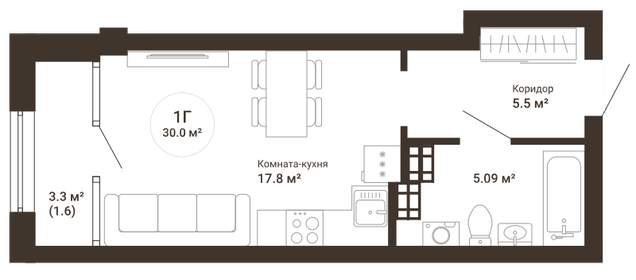 Квартира 30 м², студия - изображение 1