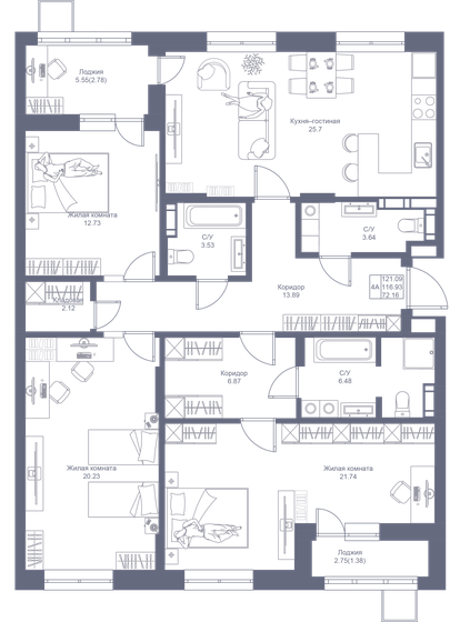 121,1 м², 4-комнатная квартира 22 401 650 ₽ - изображение 1