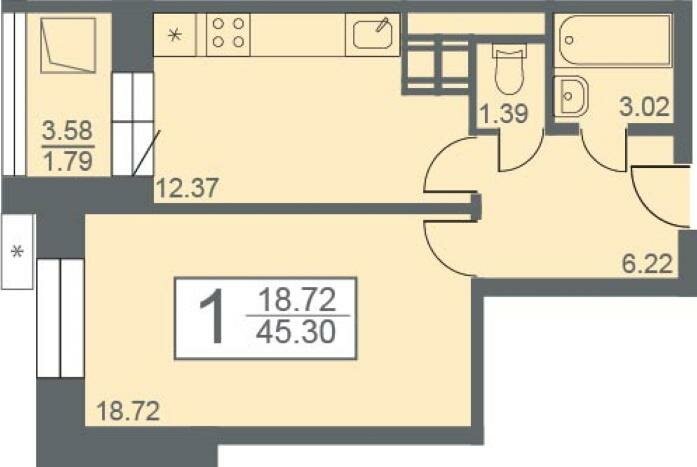 45,3 м², 1-комнатная квартира 5 600 000 ₽ - изображение 1