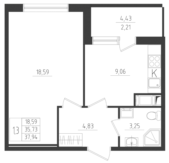 37,9 м², 1-комнатная квартира 6 260 100 ₽ - изображение 1