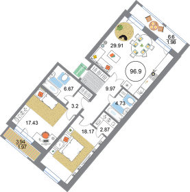 Квартира 96,9 м², 2-комнатная - изображение 1