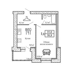 Квартира 38,8 м², 1-комнатная - изображение 3