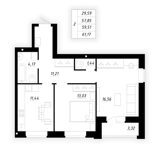 59,5 м², 2-комнатная квартира 4 999 000 ₽ - изображение 1