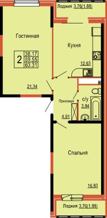 63,3 м², 2-комнатная квартира 6 647 550 ₽ - изображение 1