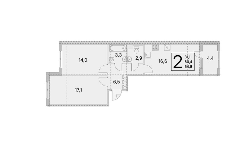 62,6 м², 2-комнатная квартира 7 980 000 ₽ - изображение 1