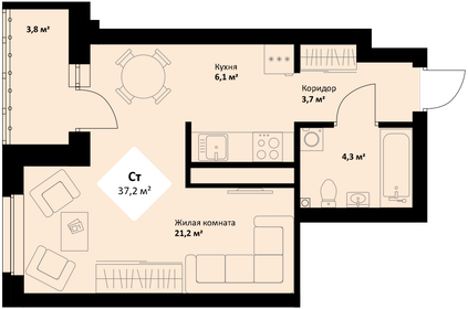 Квартира 37,2 м², студия - изображение 1