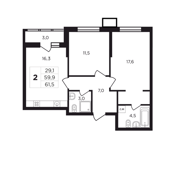 63 м², 2-комнатная квартира 6 623 550 ₽ - изображение 1