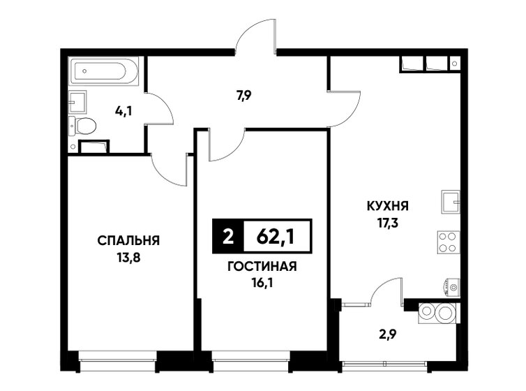 62,1 м², 2-комнатная квартира 5 731 830 ₽ - изображение 1