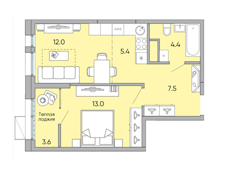 45,9 м², 2-комнатная квартира 6 632 550 ₽ - изображение 1