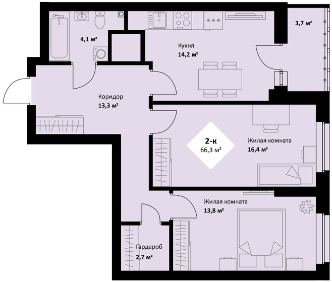 66,3 м², 2-комнатная квартира 9 480 900 ₽ - изображение 1