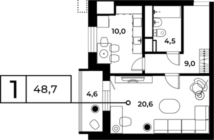 Квартира 48,7 м², 1-комнатная - изображение 1