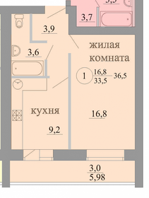 Квартира 36,5 м², 1-комнатная - изображение 1