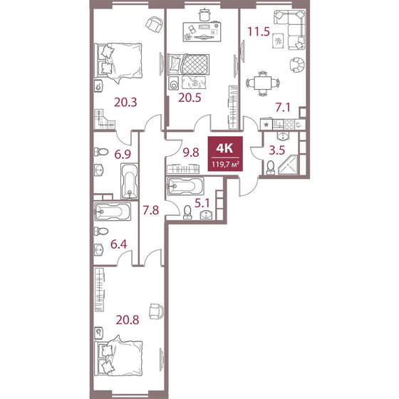 119,7 м², 4-комнатная квартира 68 264 912 ₽ - изображение 1