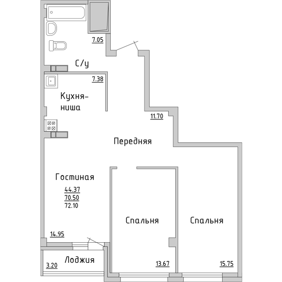 71,4 м², 3-комнатная квартира 5 926 200 ₽ - изображение 1