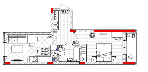 Квартира 42 м², 1-комнатная - изображение 1