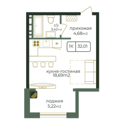 Квартира 32 м², студия - изображение 1