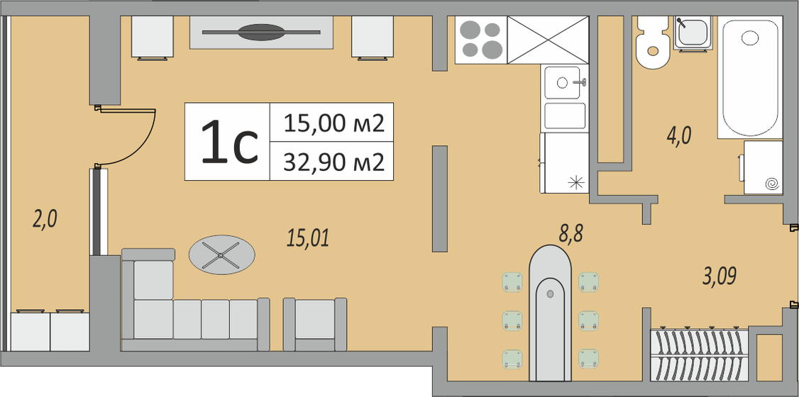 32,9 м², 1-комнатная квартира 2 522 114 ₽ - изображение 1