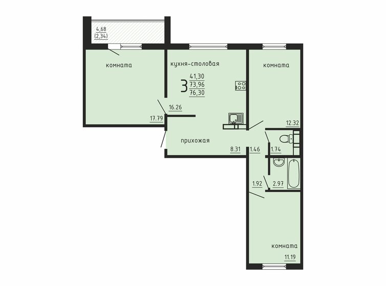 76,3 м², 3-комнатная квартира 6 100 000 ₽ - изображение 1