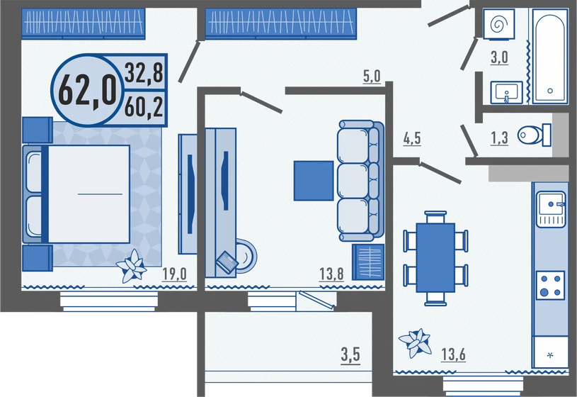 62 м², 2-комнатная квартира 5 530 400 ₽ - изображение 22