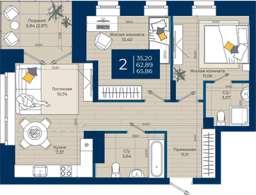 Квартира 65,9 м², 2-комнатная - изображение 1