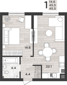 Квартира 45,5 м², 1-комнатная - изображение 1