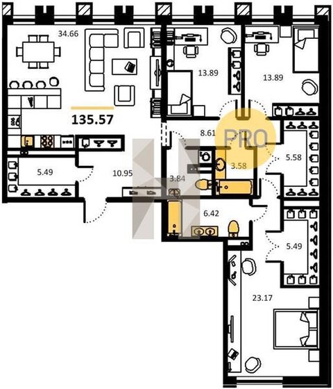 135,6 м², 3-комнатная квартира 45 500 000 ₽ - изображение 1