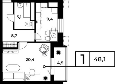 Квартира 47,9 м², 1-комнатная - изображение 1