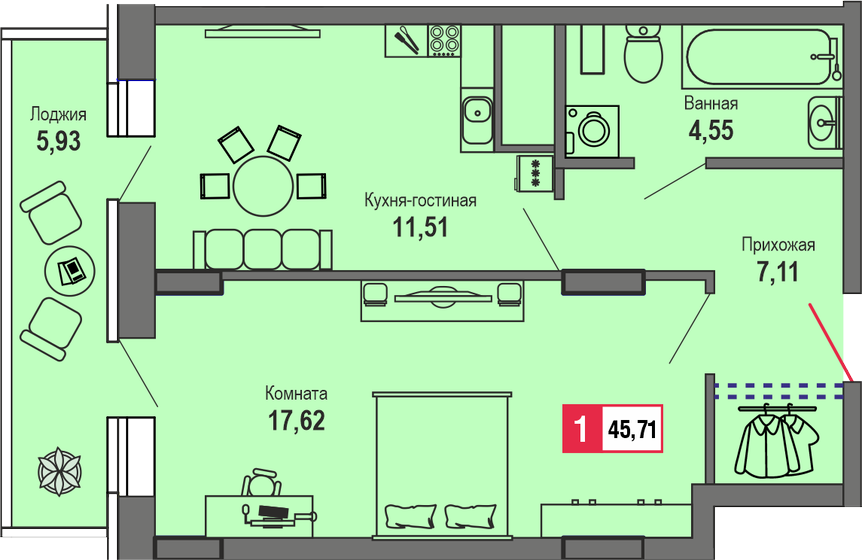 45,7 м², 1-комнатная квартира 4 662 420 ₽ - изображение 1
