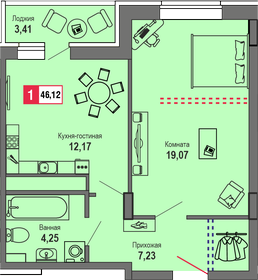 Квартира 46,1 м², 1-комнатная - изображение 1