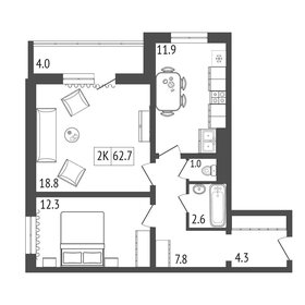 Квартира 60,7 м², 2-комнатная - изображение 1