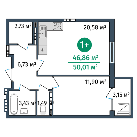 46,9 м², 1-комнатные апартаменты 6 033 000 ₽ - изображение 1