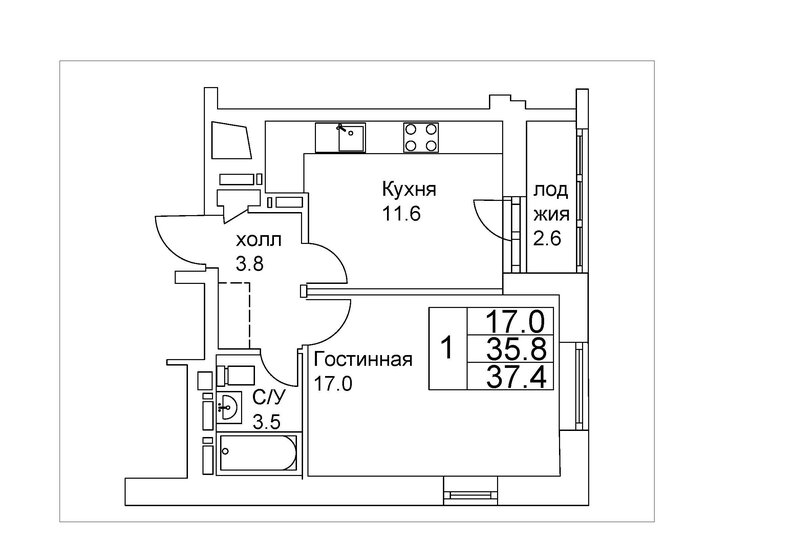 37,4 м², 1-комнатная квартира 5 500 000 ₽ - изображение 1