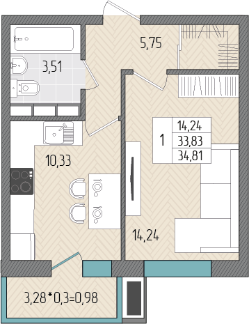 34,8 м², 1-комнатная квартира 4 246 823 ₽ - изображение 1