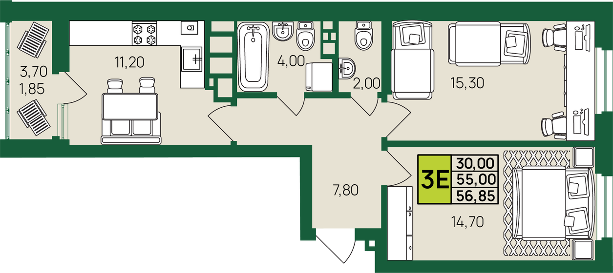 56,9 м², 2-комнатная квартира 6 241 375 ₽ - изображение 1