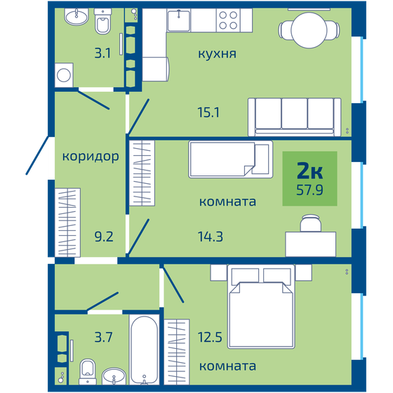 57,9 м², 2-комнатная квартира 5 490 000 ₽ - изображение 1